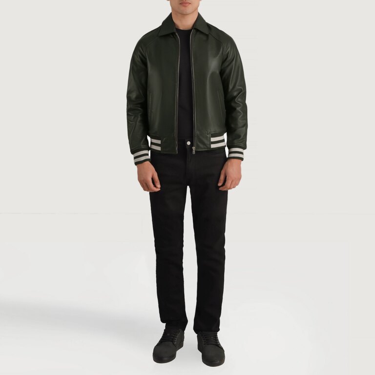 Mens Walton Green Leather Varsity Jacket Full Length-2-1704120338331